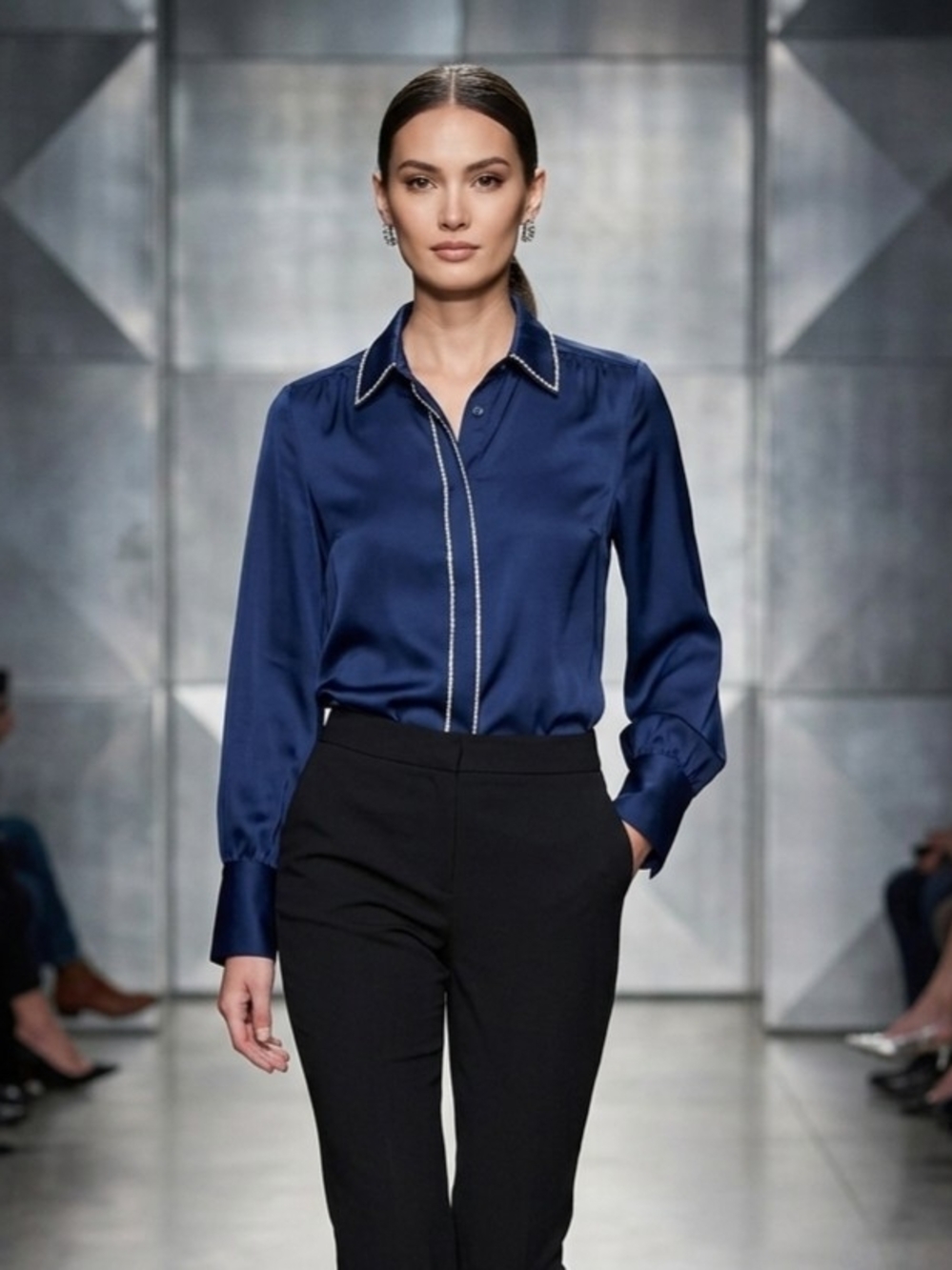 Ann Taylor Navy Button-Down Shirt with Contrast Piping